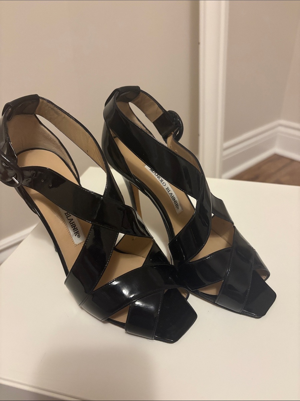 Manolo Blahnik Black Patent Leather Crisscross High Heel Sandals sz38